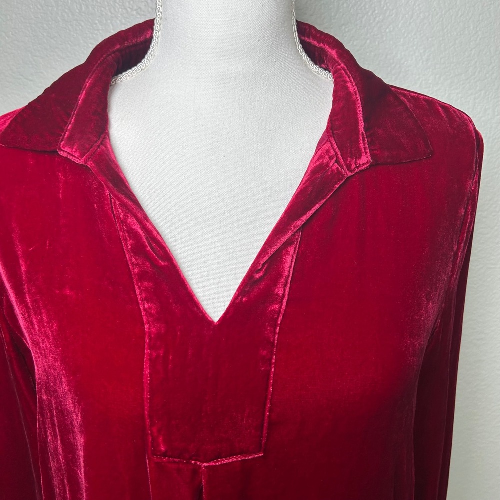 Sundance Women Velvet Collared Tunic Red Silk Blend V-Neck Long Sleeve L - Picture 2 of 7